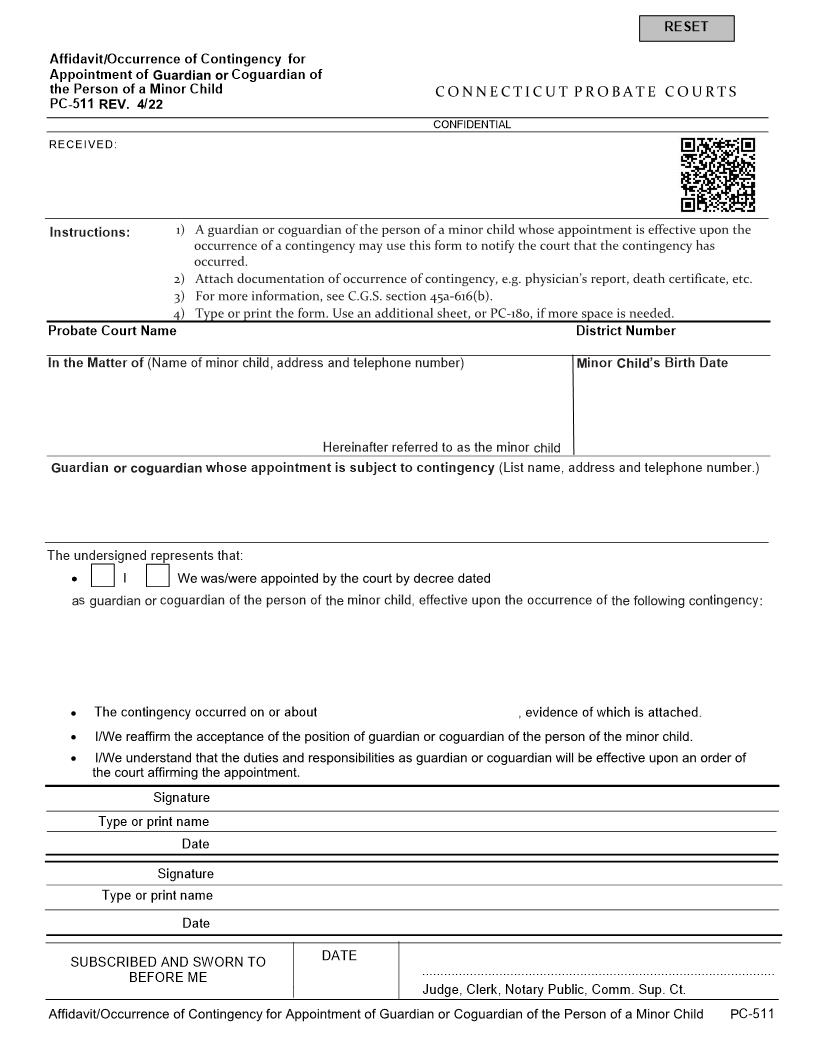Affidavit Re Occurrence Of Contingency For Appointment Of Coguardian(s) {PC-511} | Pdf Fpdf Doc Docx | Connecticut