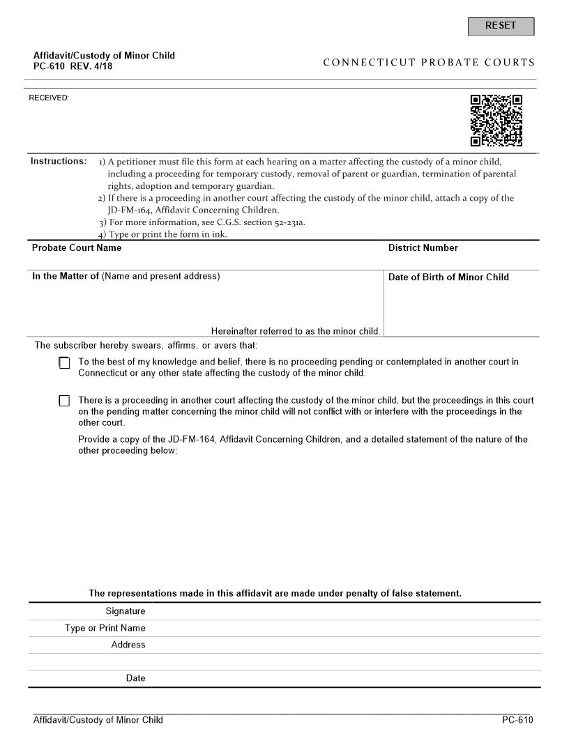 Affidavit Temporary Custody Removal Termination Or Adoption {PC-610} | Pdf Fpdf Docx | Connecticut