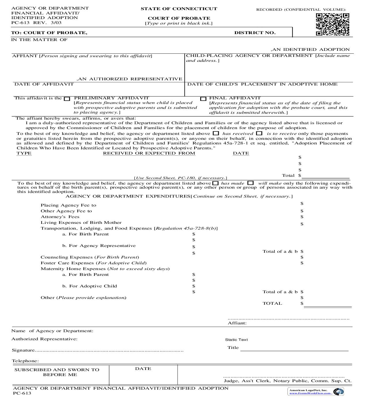 Agency Or Department Financial Affidavit Identified Adoption {PC-613} | Pdf Fpdf Doc Docx | Connecticut
