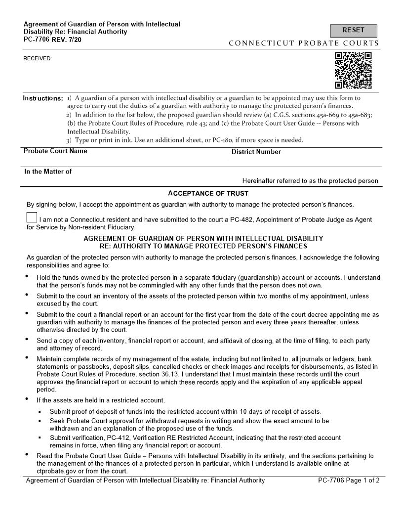 Agreeement Of Guardian Of Person With Intellectual Disability Financial Authority {PC-7706} | Pdf Fpdf Docx | Connecticut
