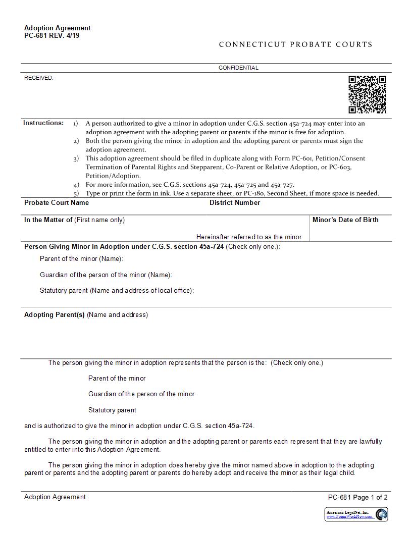 Agreement Of Adoption {PC-681} | Pdf Fpdf Docx | Connecticut
