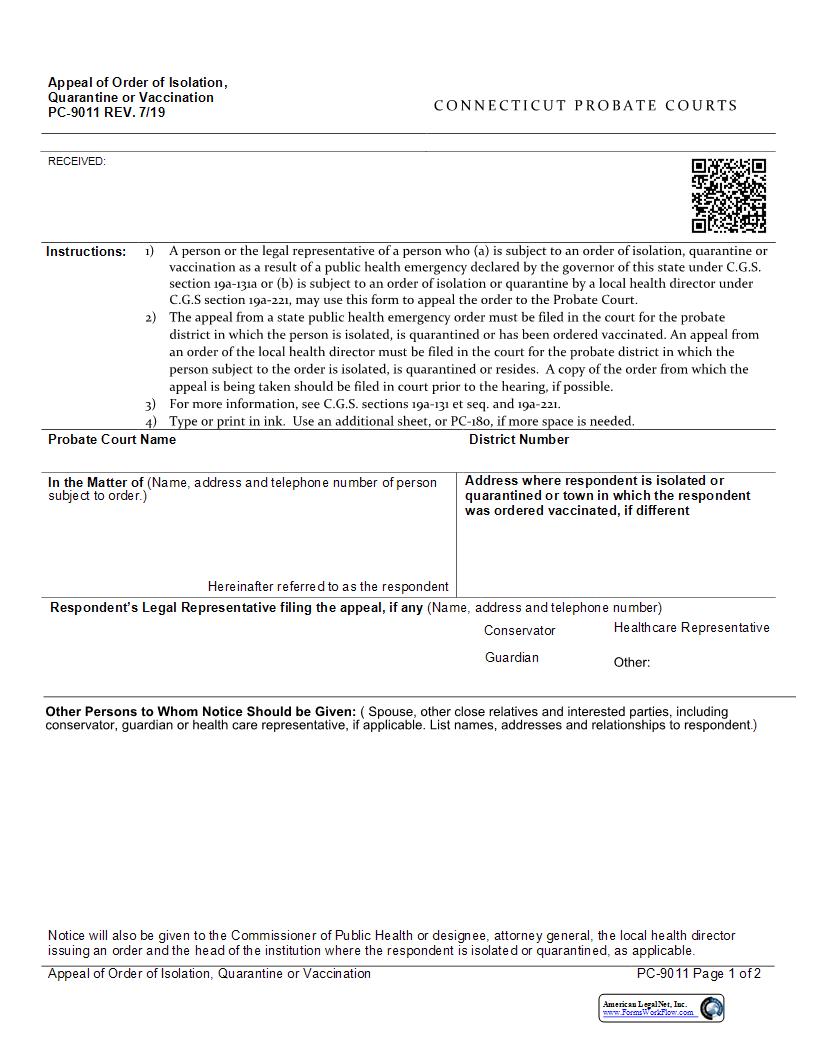 Appeal Of Order Of Isolation Quarantine Or Vaccination {PC-9011} | Pdf Fpdf Docx | Connecticut