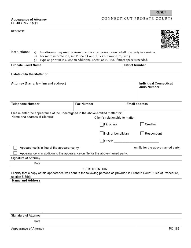 Appearance Of Attorney {PC-183} | Pdf Fpdf Docx | Connecticut
