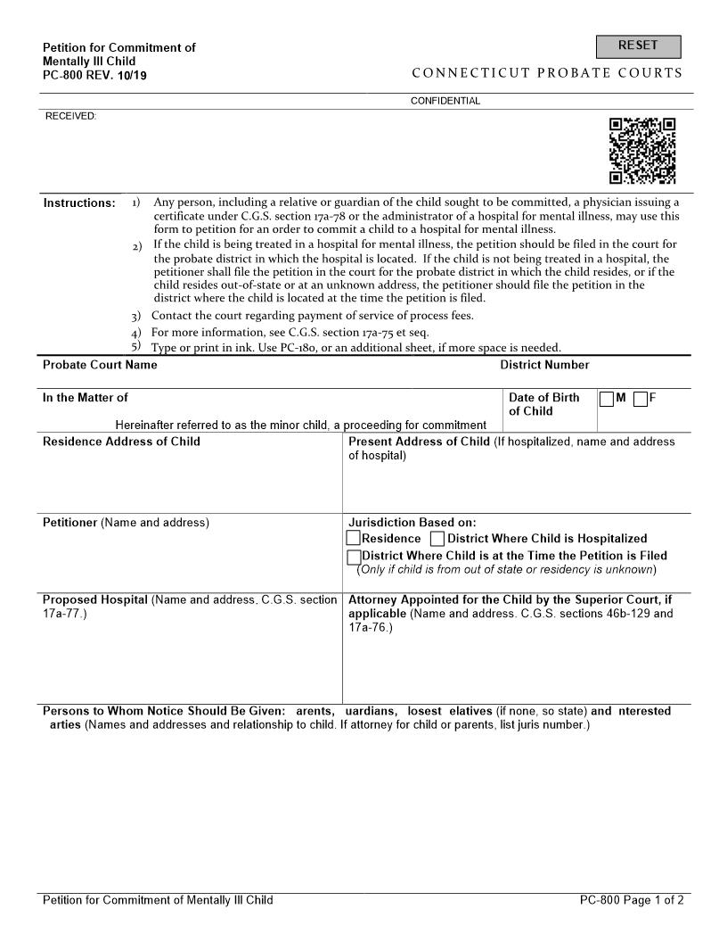 Application Commitment Of Mentally Ill Child {PC-800} | Pdf Fpdf Docx | Connecticut