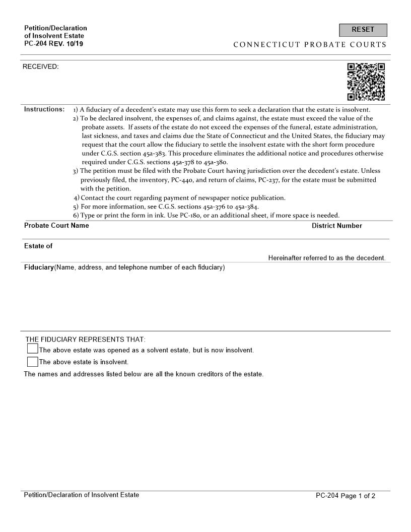 Application Declaration Of Insolvent Estate {PC-204} | Pdf Fpdf Docx | Connecticut