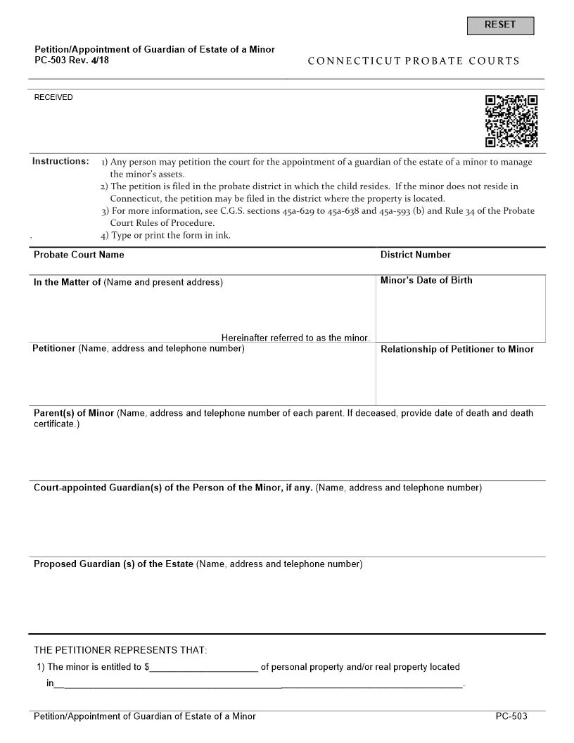 Application Or Appointment Of Guardian Of The Estate {PC-503} | Pdf Fpdf Docx | Connecticut