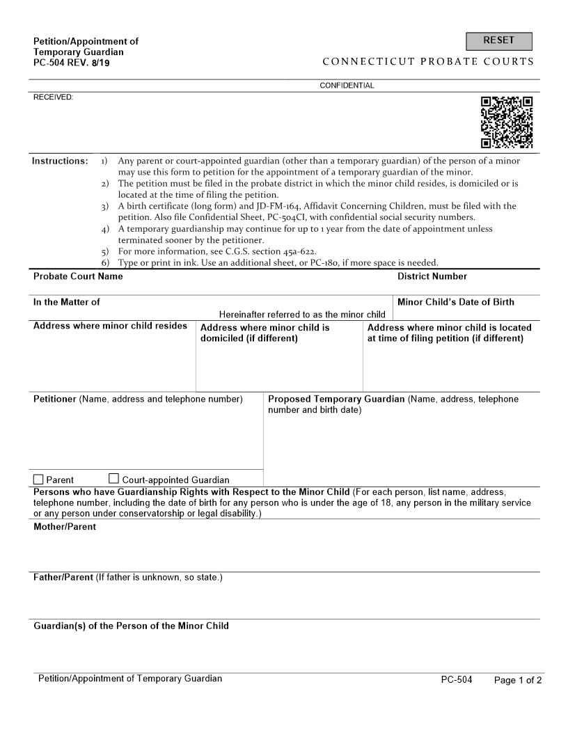 Application Or Appointment Of Temporary Guardian {PC-504} | Pdf Fpdf Docx | Connecticut