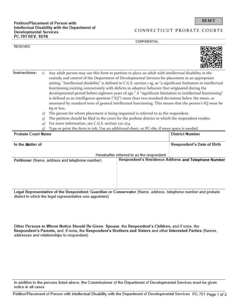 Application Placement Of Person With Mental Retardation {PC-701} | Pdf Fpdf Docx | Connecticut