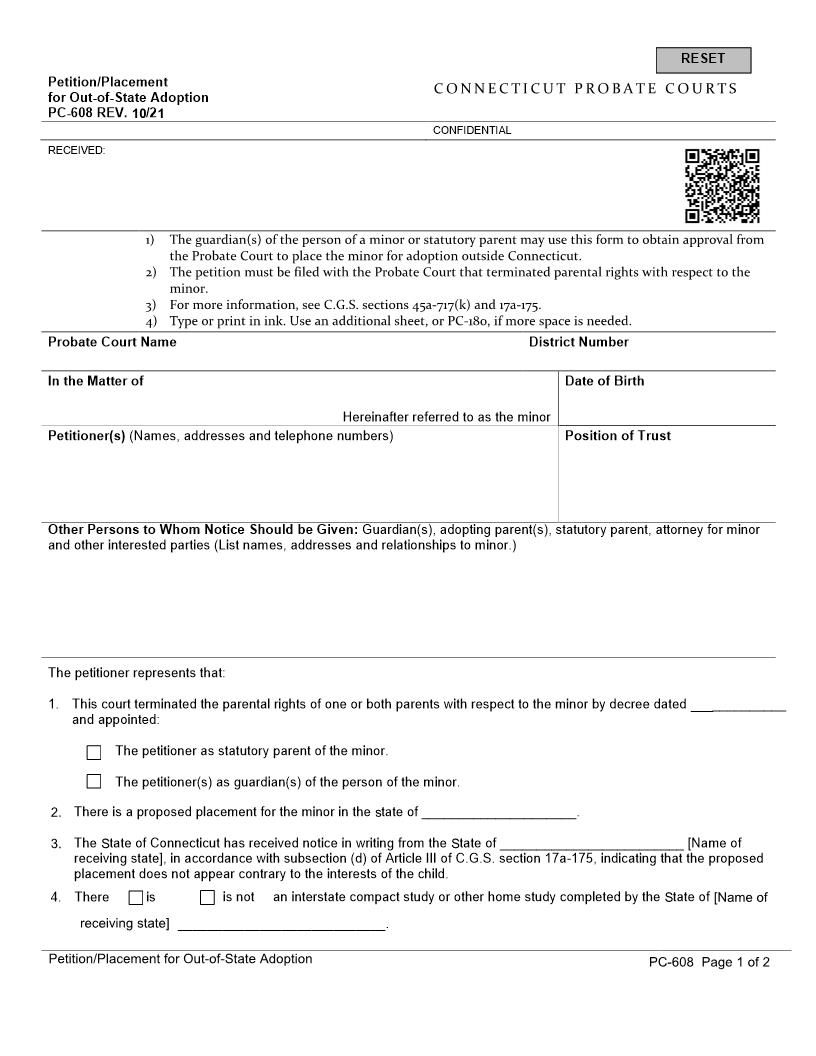 Application Re Placement For Out Of State Adoption {PC-608} | Pdf Fpdf Doc Docx | Connecticut