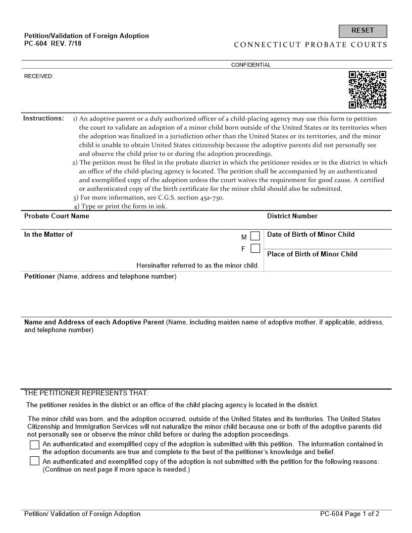 Application Validation Of Foreign Adoption {PC-604} | Pdf Fpdf Docx | Connecticut