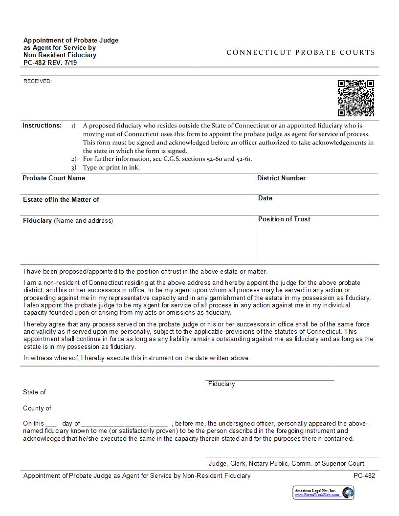 Appointment Of Judge Of Probate As Agent For Service By Non Resident Fiduciary {PC-482} | Pdf Fpdf Docx | Connecticut