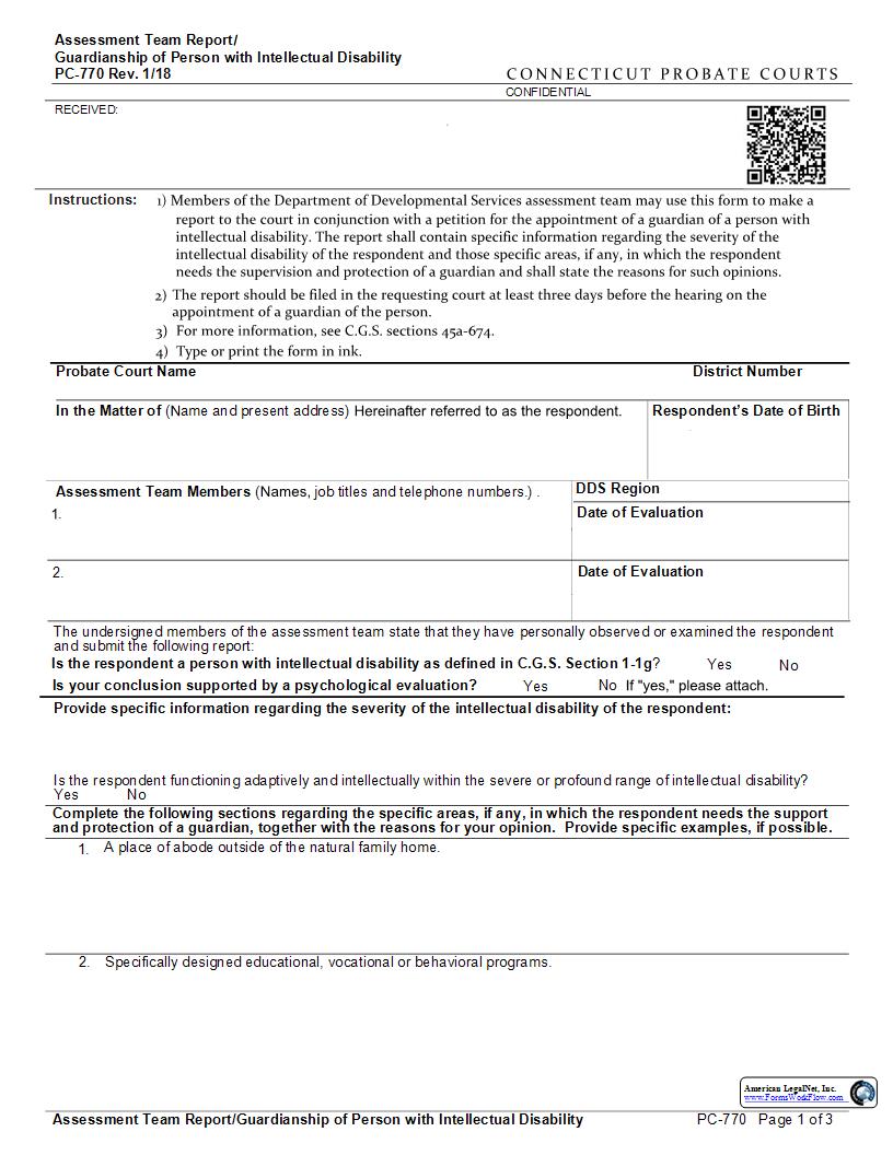 Assessment Team Report Guardianship Of Person With Intellectual Disability {PC-770} | Pdf Fpdf Docx | Connecticut