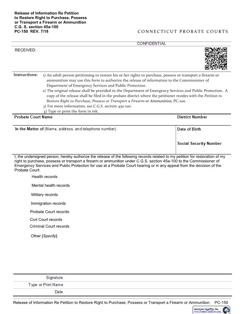 Authorization For The Release Of Information Re A Firearm {PC-150} | Pdf Fpdf Docx | Connecticut