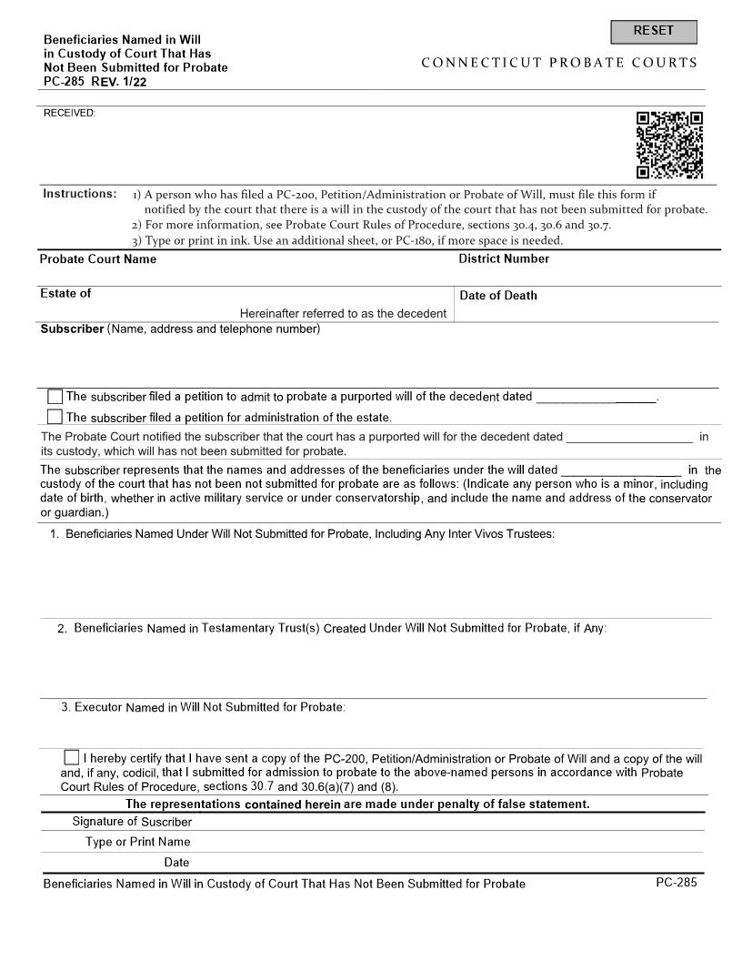 Beneficiaries Named In Will Not Submitted For Probate {PC-285} | Pdf Fpdf Doc Docx | Connecticut