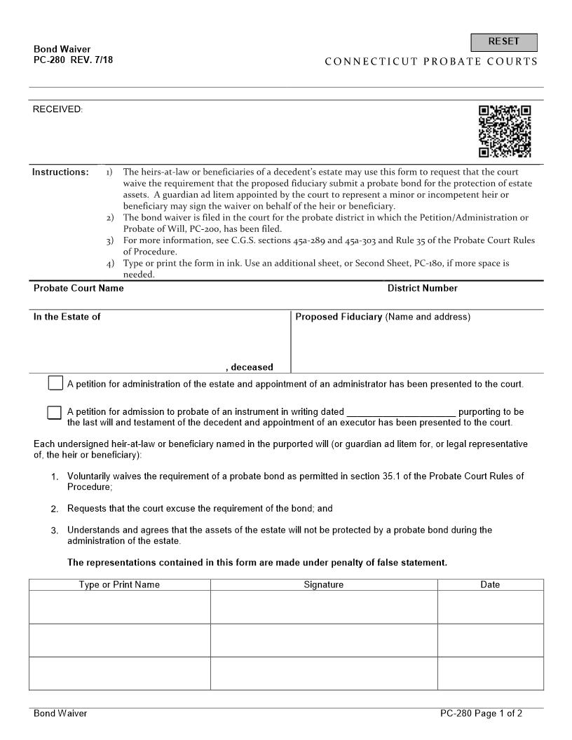 Bond Waiver {PC-280} | Pdf Fpdf Docx | Connecticut