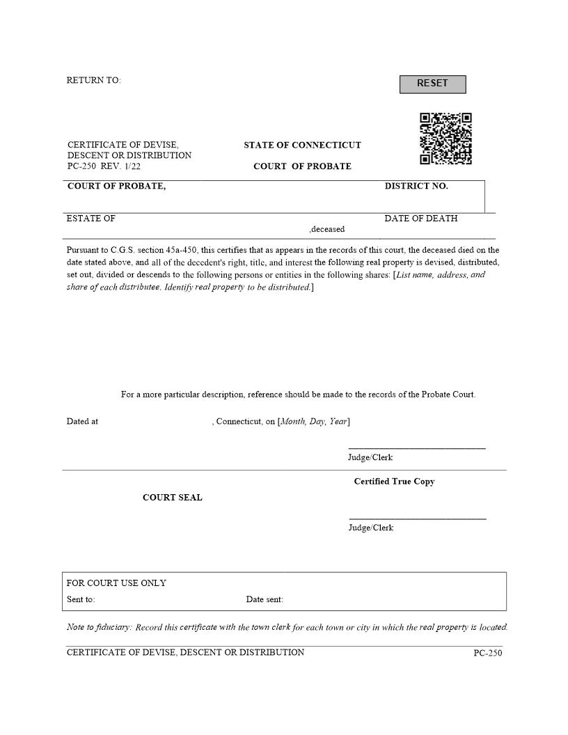 Certificate Of Devise Descent Or Distribution {PC-250} | Pdf Fpdf Docx | Connecticut