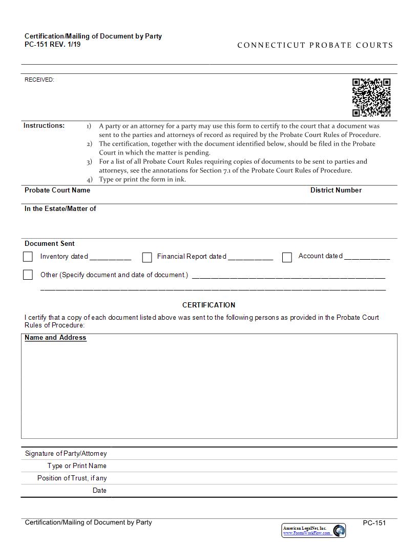 Certification Of Mailing Of Document By Party {PC-151} | Pdf Fpdf Docx | Connecticut