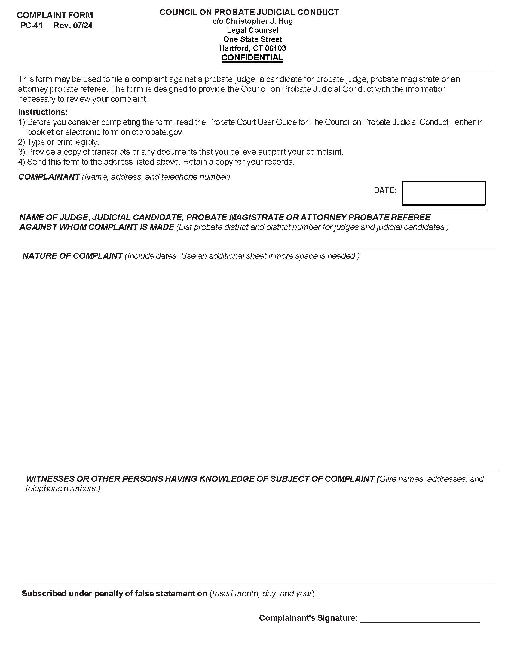 Complaint Form {PC-41} | Pdf Fpdf Docx | Connecticut