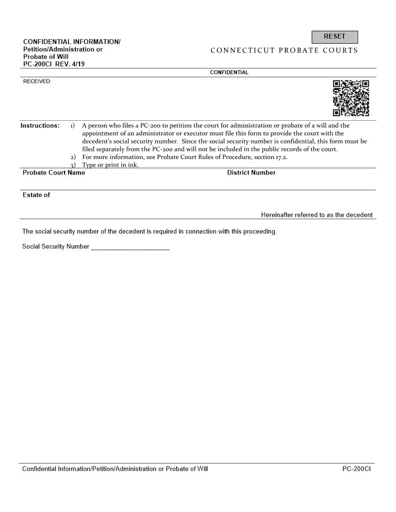 Confidential Information Petition Administration Or Probate Of Will {PC-200CI} | Pdf Fpdf Docx | Connecticut