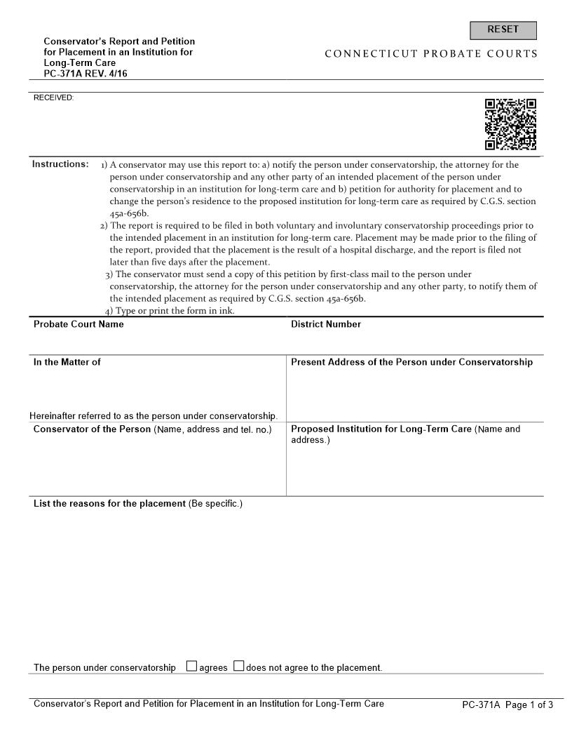 Conservators Report Placement Or Request For Hearing On Placement {PC-371A} | Pdf Fpdf Docx | Connecticut