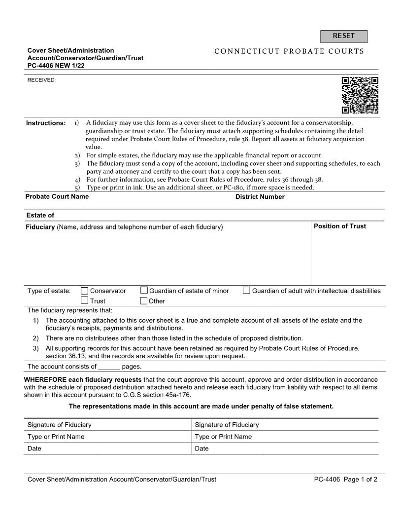 Cover Sheet Administration Account Conservator Guardian Trust {PC-4406} | Pdf Fpdf Docx | Connecticut