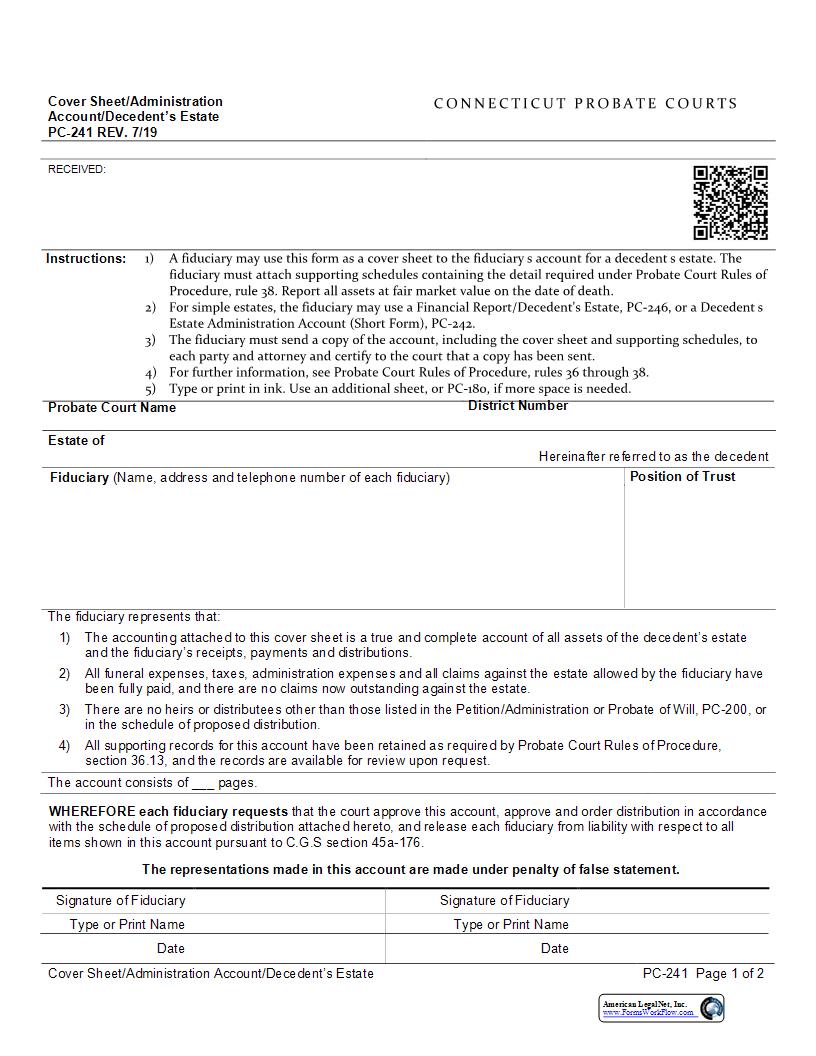Cover Sheet Administration Account Decedents Estate {PC-241} | Pdf Fpdf Docx | Connecticut