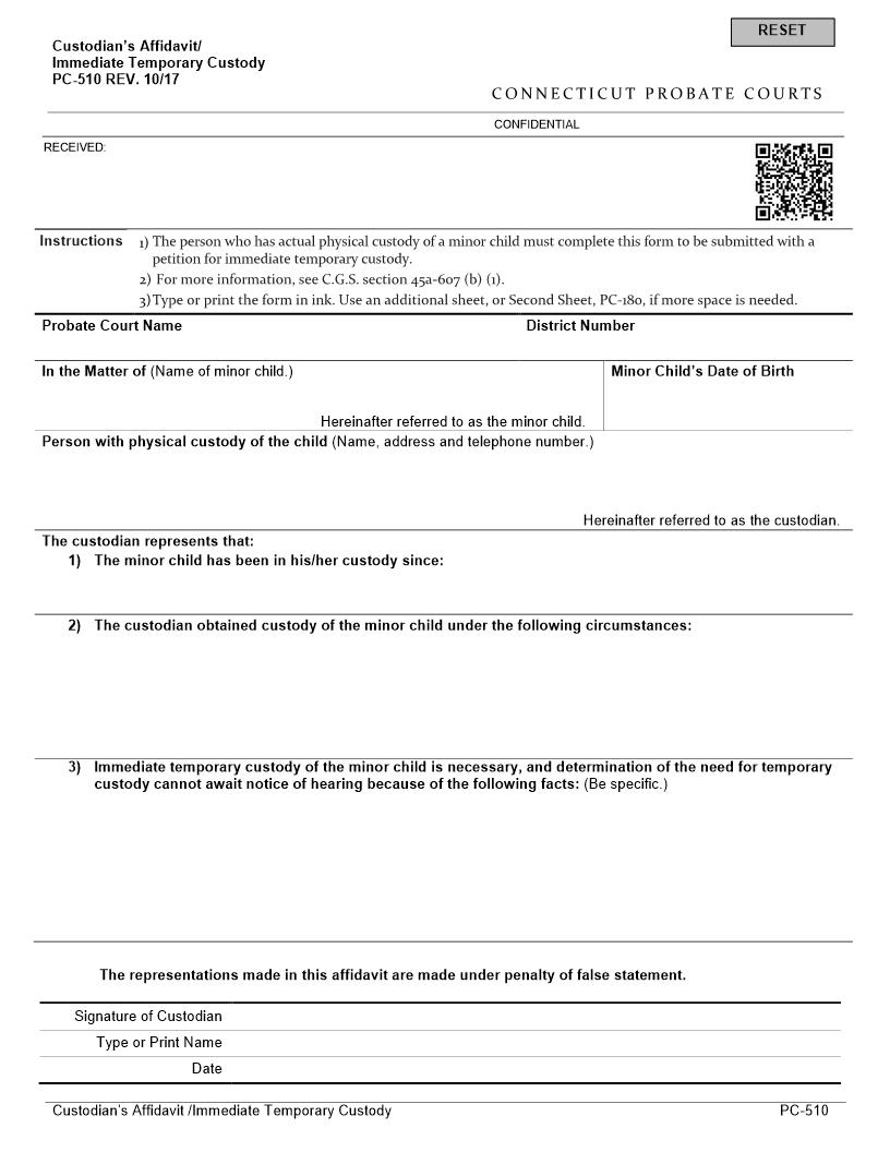 Custodians Affidavit Immediate Temporary Custody {PC-510} | Pdf Fpdf Doc Docx | Connecticut
