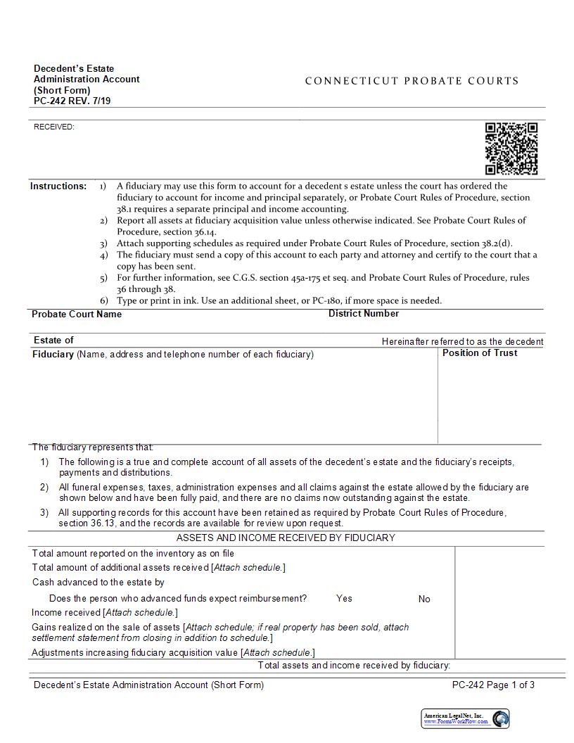 Decedents Estate Administration Account {PC-242} | Pdf Fpdf Docx | Connecticut
