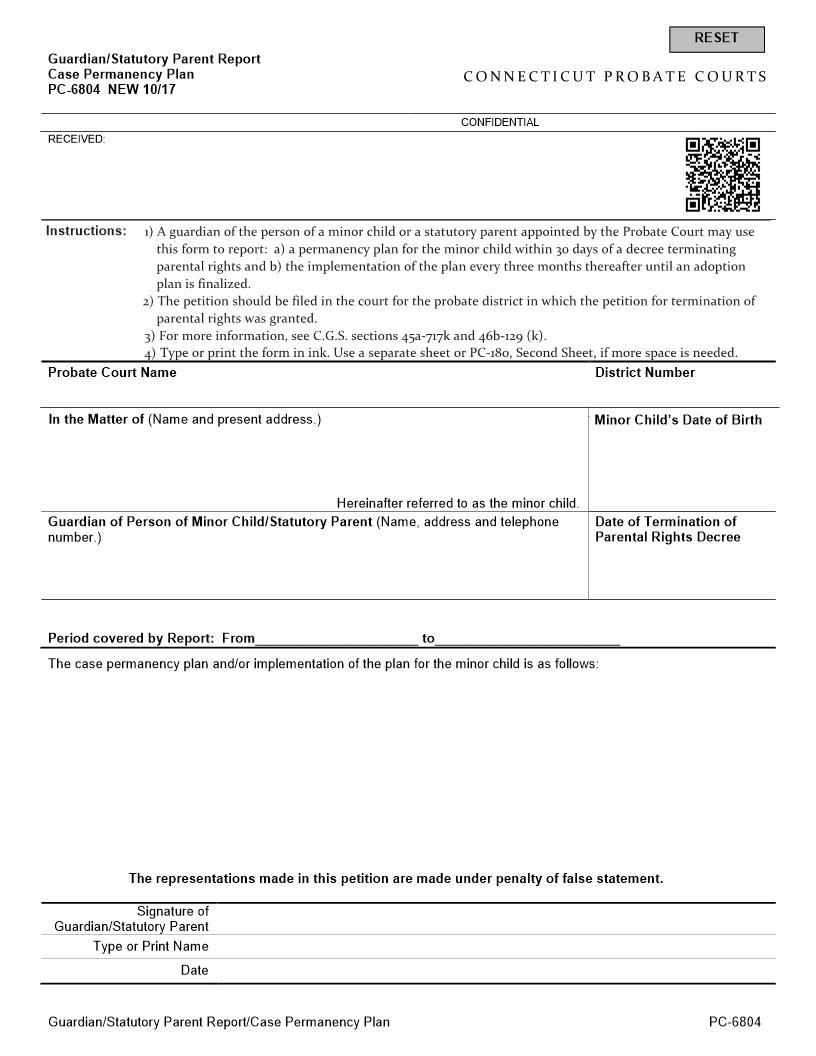 Guardianship Statutory Parent Report  Case Permanency Plan {PC-6804} | Pdf Fpdf Docx | Connecticut