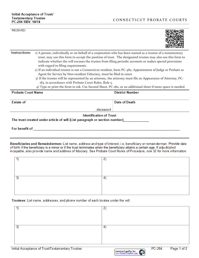 Initial Acceptance Of Trust Testamentary Trustee {PC-284} | Pdf Fpdf Docx | Connecticut