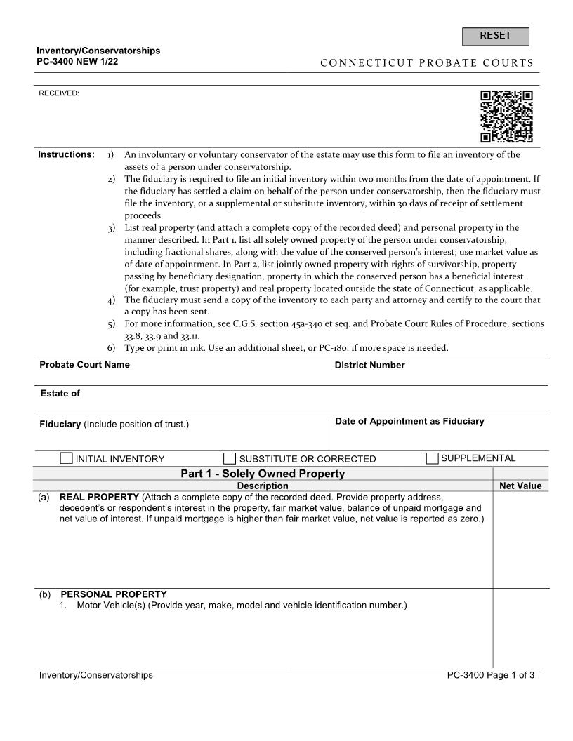Inventory Conservatorships {PC-3400} | Pdf Fpdf Docx | Connecticut