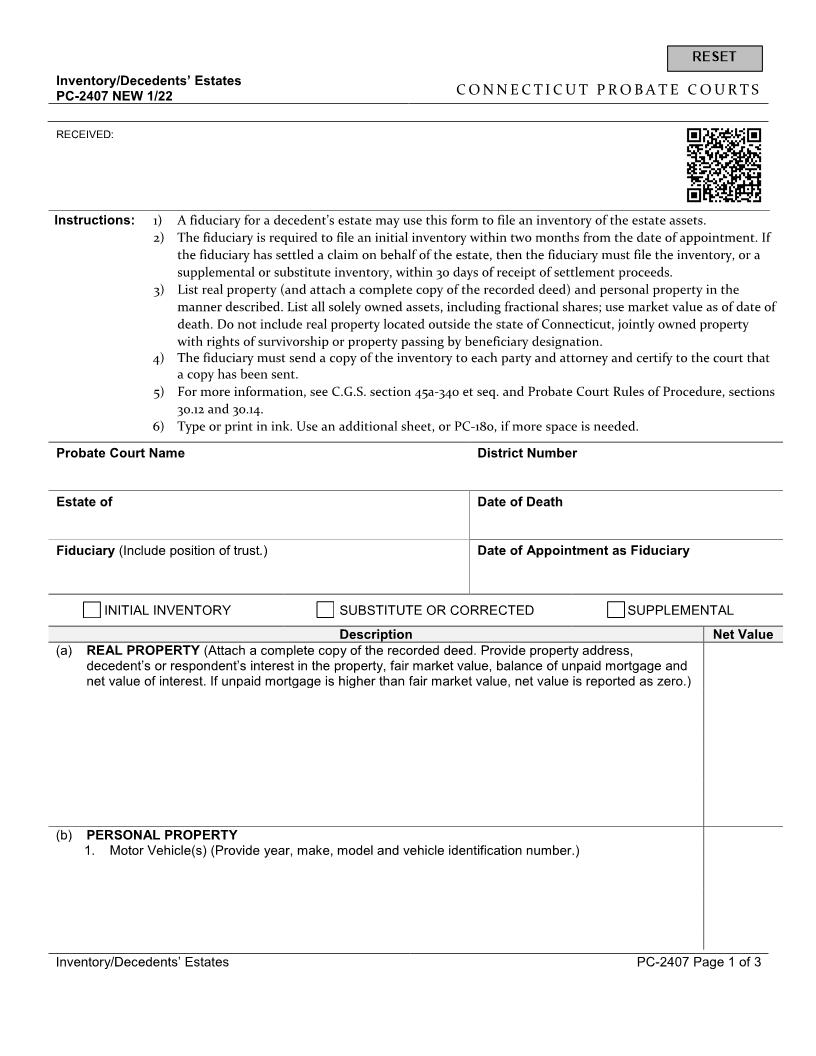 Inventory Decedents Estates {PC-2407} | Pdf Fpdf Docx | Connecticut