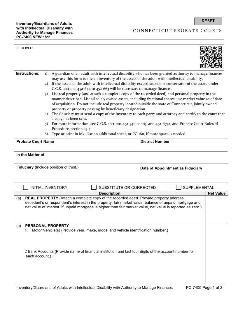 Inventory Guardians Of Adults With Intellectual Disability With Authority To Manage Finances {PC-7400} | Pdf Fpdf Docx | Connecticut