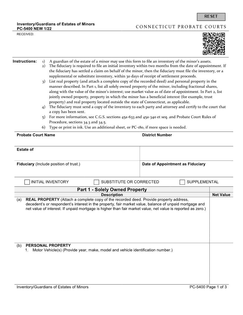 Inventory Guardians Of Estates Of Minors {PC-5400} | Pdf Fpdf Docx | Connecticut