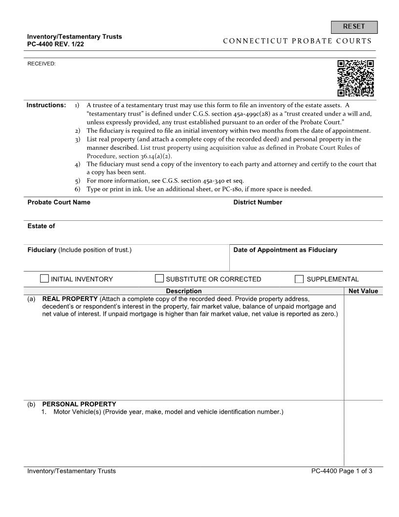Inventory Testamentary Trusts {PC-4400} | Pdf Fpdf Docx | Connecticut