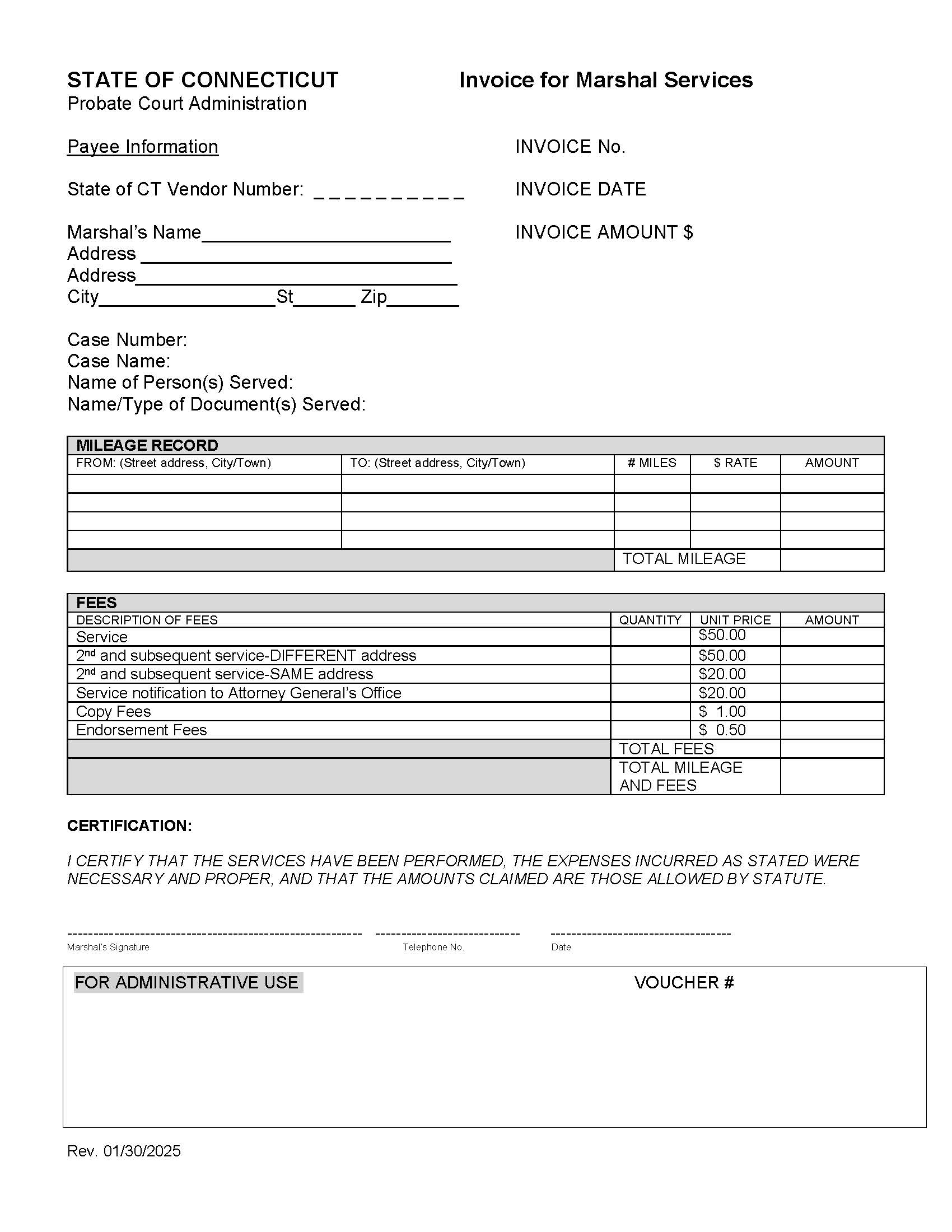 Invoice For Marshal Services | Pdf Fpdf Docx | Connecticut