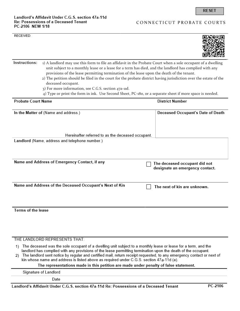 Landlords Affidavit Possessions  Of A Deceased Tenant {PC-2106} | Pdf Fpdf Docx | Connecticut