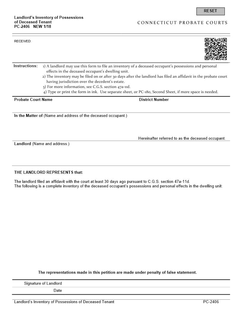 Landlords Inventory Of Possessions Of Deceased Tenant {PC-2406} | Pdf Fpdf Docx | Connecticut