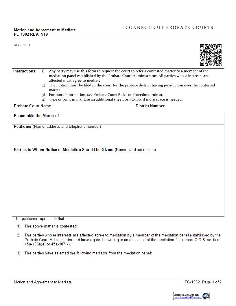 Motion And Agreement To Mediate {PC-1002} | Pdf Fpdf Docx | Connecticut