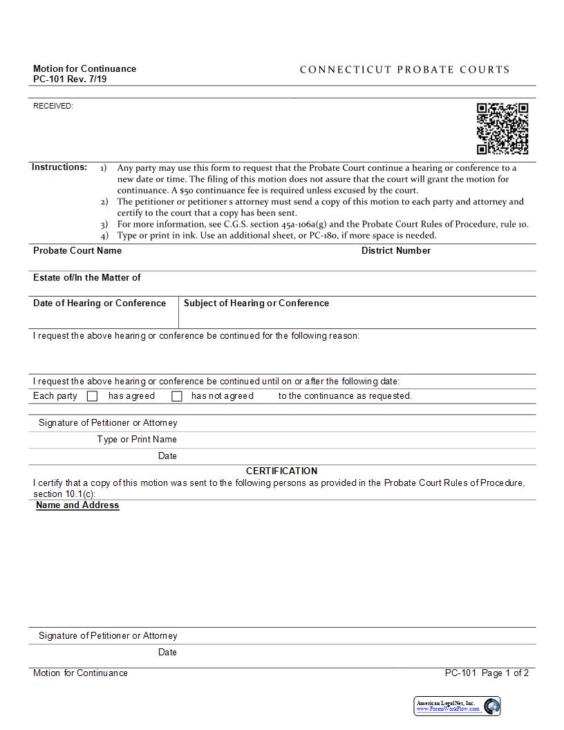 Motion For Continuance {PC-101} | Pdf Fpdf Docx | Connecticut