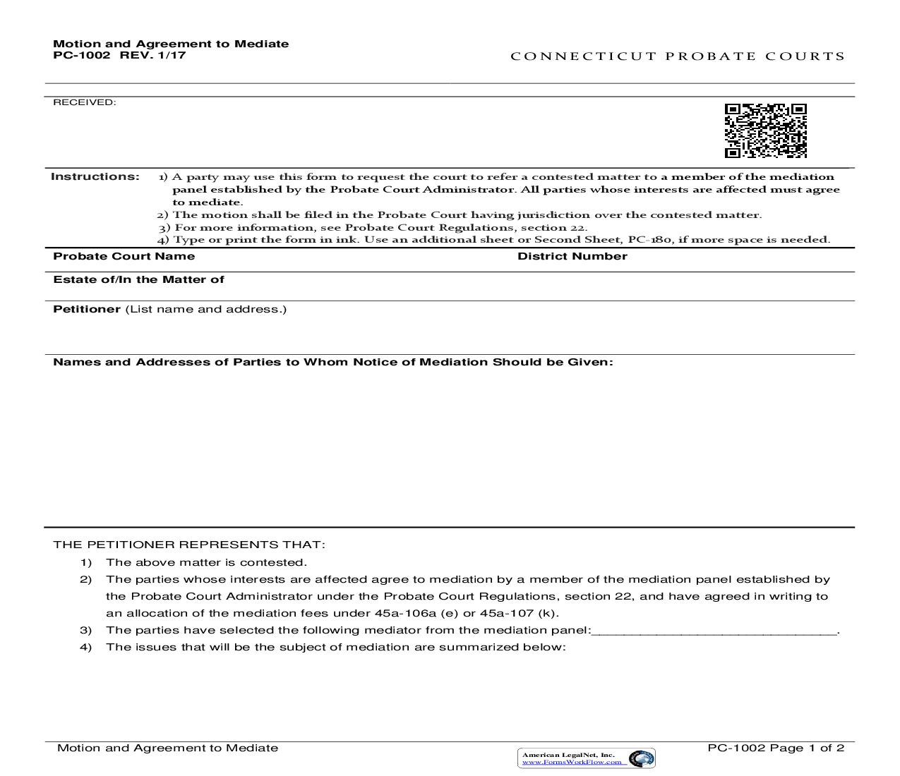 Motion For Referral To Mediation Panel {PC-1002} | Pdf Fpdf Doc Docx | Connecticut