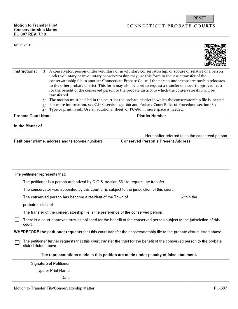 Motion To Transfer File Conservatorship Matter {PC-307} | Pdf Fpdf Docx | Connecticut