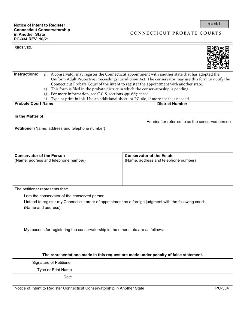 Notice Of Intent To Register Conservatorship In Other State {PC-334} | Pdf Fpdf Doc Docx | Connecticut