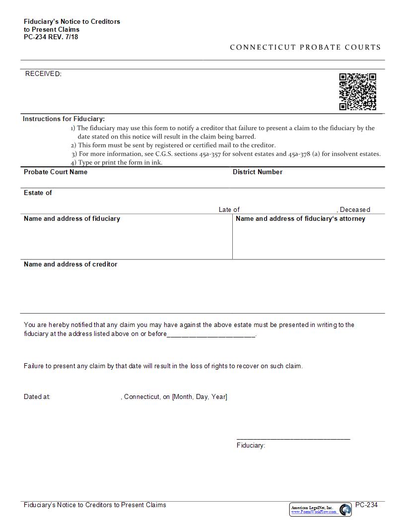 Notice To Creditors To Present Claims {PC-234} | Pdf Fpdf Docx | Connecticut
