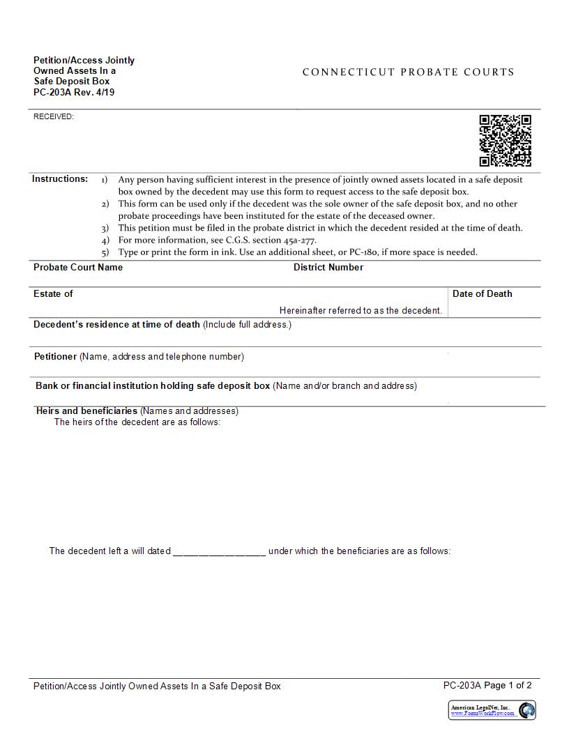 Petition Access Jointly Owned Assets In Safe Deposit Box {PC-203A} | Pdf Fpdf Docx | Connecticut