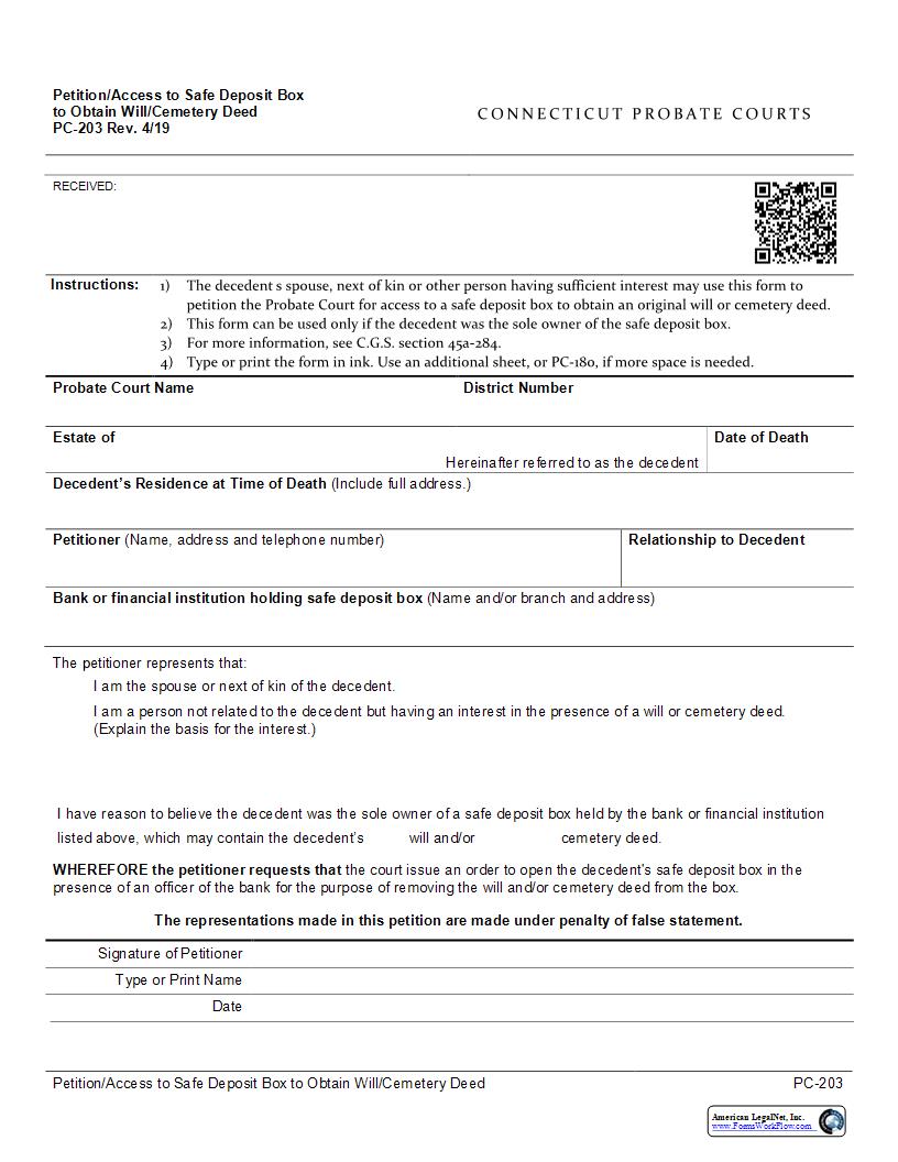 Petition Access To Safe Deposit Box To Obtain Will Cemetary Deed {PC-203} | Pdf Fpdf Docx | Connecticut