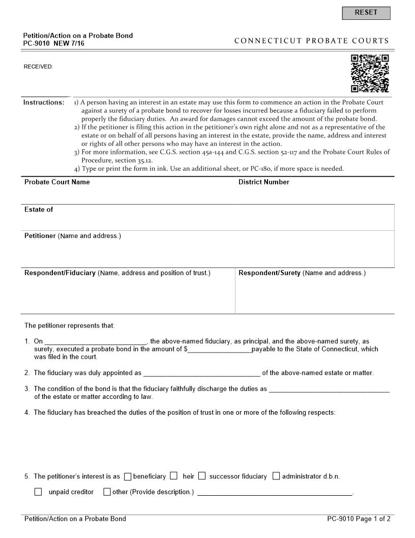 Petition Action On A Probate Bond {PC-9010} | Pdf Fpdf Docx | Connecticut