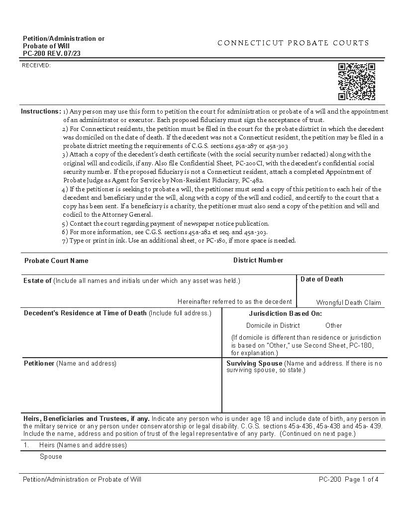 Petition Administration Or Probate Of Will {PC-200} | Pdf Fpdf Doc Docx | Connecticut