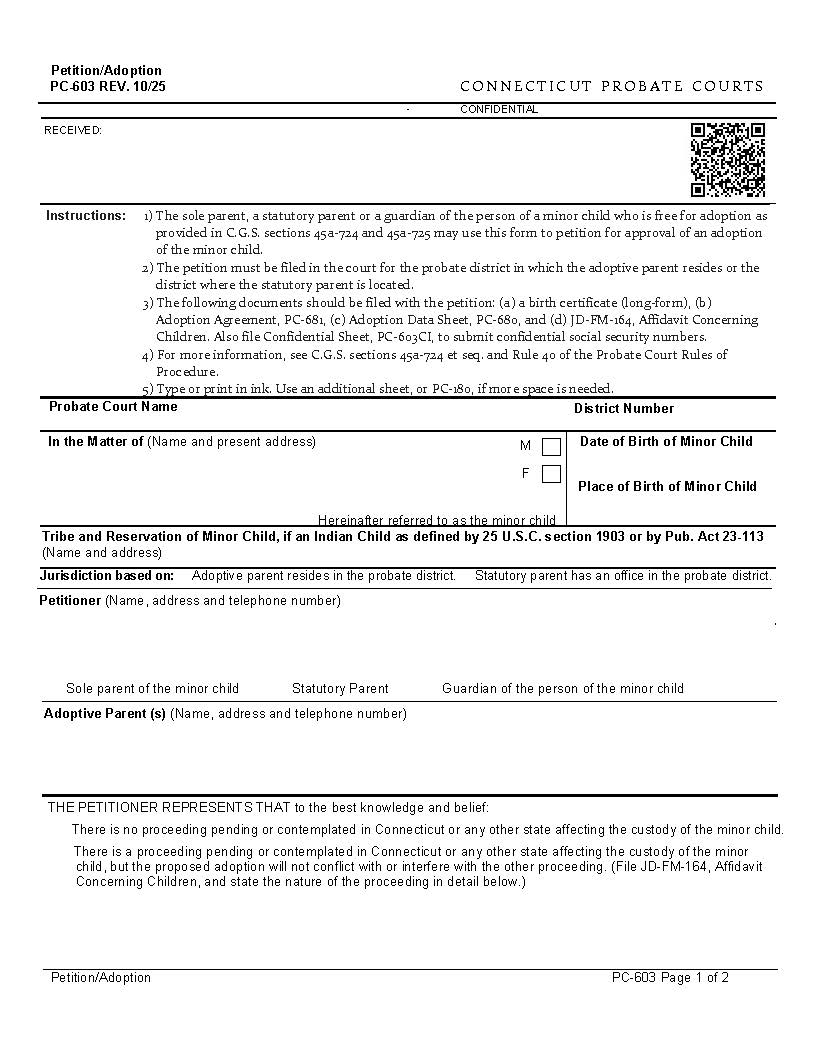 Petition Adoption {PC-603} | Pdf Fpdf Doc Docx | Connecticut