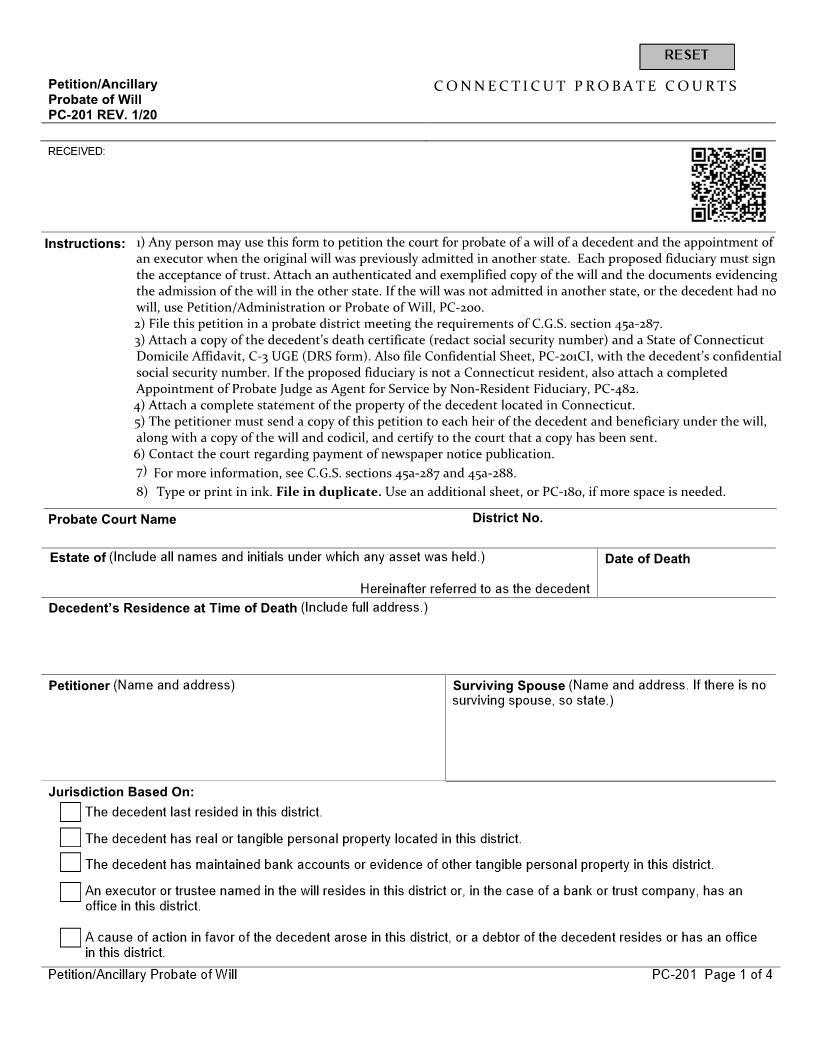 Petition Ancillary Probate Of Will {PC-201} | Pdf Fpdf Docx | Connecticut